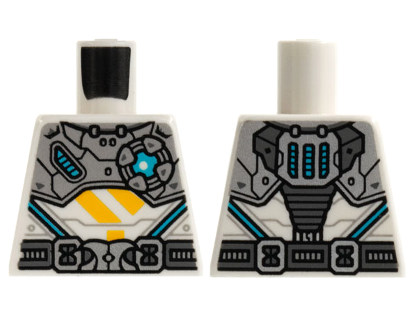 Lego Torso Silver Armor and Belt, Medium Azure Light, Bright Light Orange Diagonal Lines Pattern / White