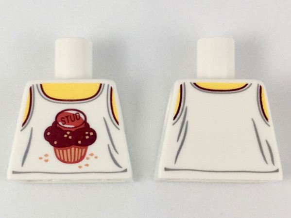 Lego Torso Tank Top with Dark Red 'STUD' on Muffin, Yellow Neck and Shoulders Pattern / White