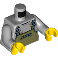 Lego Torso Overalls Olive Green with Zipper over Shirt with Dirt Stains Print, Light Bluish Gray Arms, Yellow Hands / Light Bluish Gray