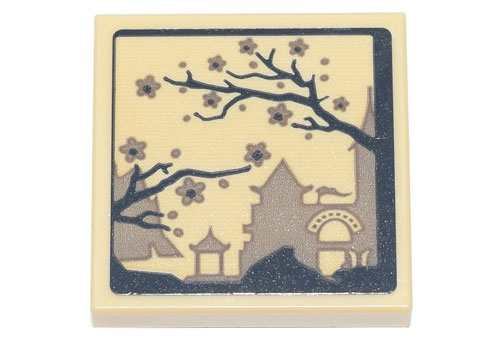 Lego Tile, Modified 2 x 2 Inverted with Ink Wash Painting of Temple and Cherry Blossom Trees Pattern (Sticker) - Set 71741 / Tan