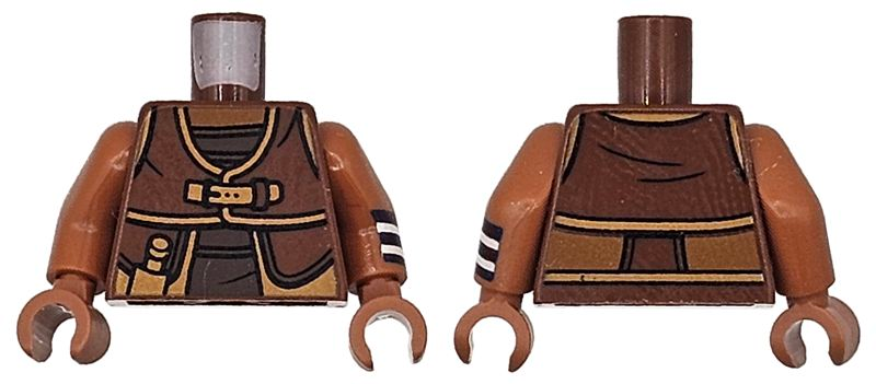 Lego Torso Vest with Medium Nougat Trim, Pouch and Strap with Buckle over Dark Brown Shirt, Sienna Neck Pattern / Sienna Arm Left with Dark Blue and White Striped Wristband Pattern / Sienna Arm Right / Sienna Hands