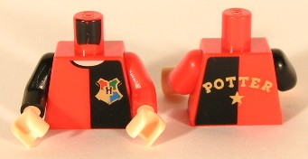 Lego Torso Shirt with Black Left Half, Hogwarts Emblem, and Gold 'POTTER' and Star on Back, Light Nougat Neck Pattern / Red Arm Left / Black Arm Right / Light Nougat Hands