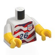 Lego Torso, Dual Molded Arms, Football Shirt, Red/Dark Red Wavy Flag Stripes, Dark Blue USA, Nike Logo, '26' Print, White Sleeves Pattern, Yellow Arms and Hands