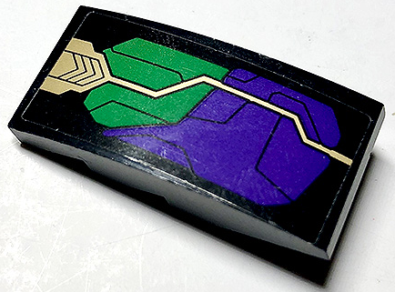 Lego Slope, Curved 4 x 2 with Dark Purple and Green Armor Plates and Gold Circuitry Pattern Model Left Side (Sticker) - Set 76097 / Black