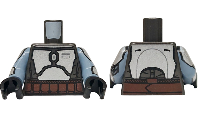 Lego Torso SW Mandalorian Silver Armor Plates, Dark Brown Belt with Rope Edges and Pouches Pattern / Sand Blue Arms with Silver Shoulders, Armor Plates, Cuffs and Hoses Pattern / Black Hands