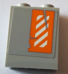 Lego Brick 1 x 2 x 2 with Inside Stud Holder with Worn Orange and White Danger Stripes Pattern Left Wing Left Side (Sticker) - Set 75144 / Light Bluish Gray