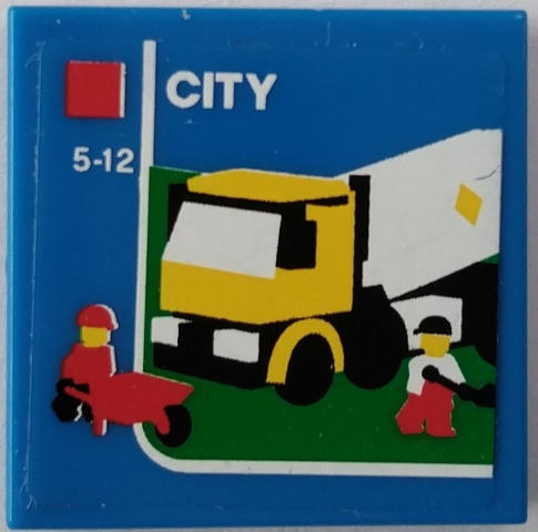 Lego Tile 2 x 2 with Truck, Minifigures, Wheelbarrow, Red Square, White 'CITY', and '5-12' Pattern (Sticker) - Set 60022 / Blue