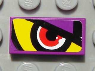 Lego Tile 1 x 2 with Purple/Yellow Background and Red Eye Right Pattern (Sticker) - Set 8269 / Purple