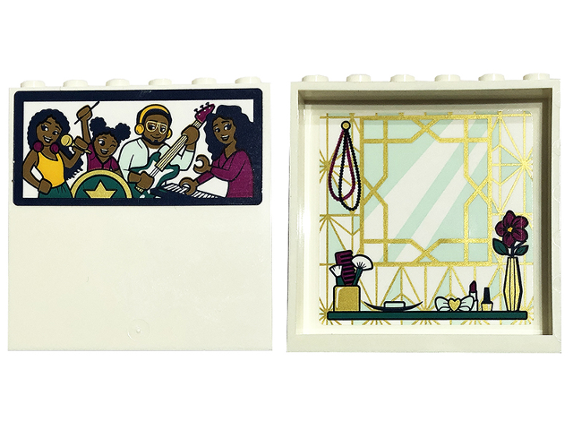 Lego Panel 1 x 6 x 5 with Band of Friends Minifigures on Outside and Gold and Light Aqua Mirror, Tiles, Shelf and Flower in Vase on Inside Pattern (Stickers) - Set 41449
