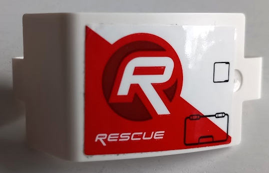Lego Technic, Panel Curved 3 x 5 x 3 with 'RESCUE' and Black Hatches on Red and White Stripe Pattern Model Right Side (Sticker) - Set 42092 / White