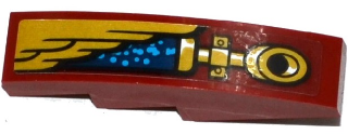 Lego Slope, Curved 4 x 1 with Gold Wing and Pipe Pattern Model Left Side (Sticker) - Set 70600 / Dark Red