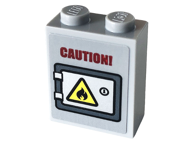 Lego Brick 1 x 2 x 2 with Inside Stud Holder with Red 'CAUTION!' and Door with Yellow Fire Warning Sign Pattern (Sticker) - Set 77943