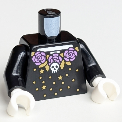 Lego Torso Dress, Catrina, White Skeleton, Skull, Medium Lavender Flowers, Gold Stars and Dots Print, Black Arms, White Hands / Black