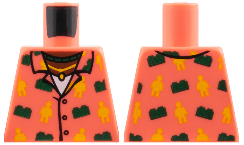Lego Torso Hawaiian Aloha Shirt, Reddish Brown Neck, Dark Green Bricks, Yellow Minifigs Pattern / Coral