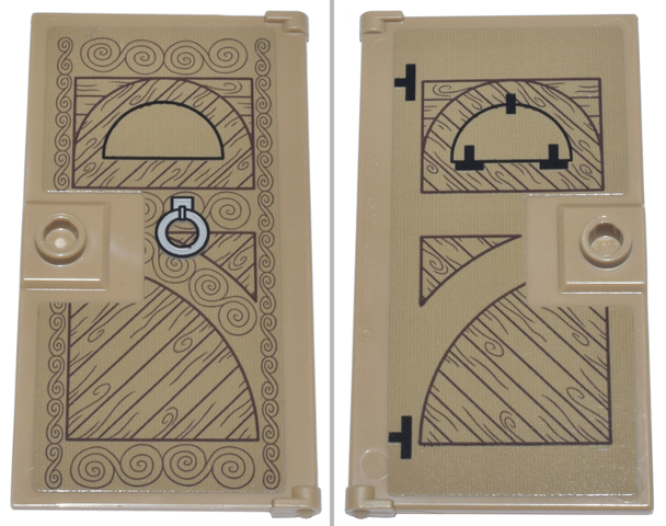 Lego Door 1 x 4 x 6 with Stud Handle with Wood Grain and Swirls, Silver Knocker and Black Hinges Pattern on Both Sides (Stickers) - Set 21341