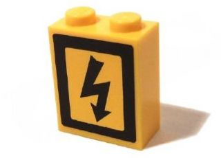 Lego Brick 1 x 2 x 2 with Inside Axle Holder with Electricity Danger Sign Pattern Left (Sticker) - Set 3179 / Yellow