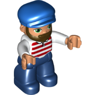 Lego Duplo Figure with Cap Blue, with Beard, Dark Blue Legs, Red and White Striped Shirt Print
