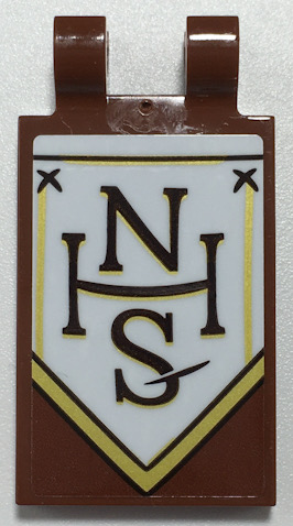 Lego Tile, Modified 2 x 3 with 2 Open O Clips with Black and Gold 'NHS' on White Banner Pattern Model Left Side (Sticker) - Set 70425