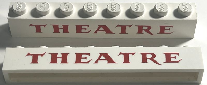 Lego Brick 1 x 8 without Bottom Tubes with Cross Side Supports with Red 'THEATRE' Serif Bold Pattern