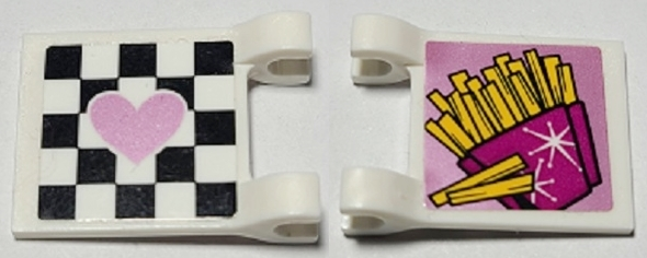 Lego Flag 2 x 2 Square with Flat Edge with Medium Lavender Heart on Checkered Background and French Fries on Reverse Pattern (Stickers) - Set 41349