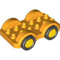Lego Duplo Car Base 2 x 6 - 4 Yellow Wheels with Black Tires on 4 Fixed Axles / Bright Light Orange
