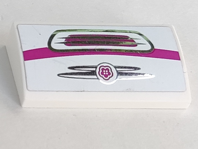 Lego Slope, Curved 2 x 4 x 2/3 with Bottom Tubes with Silver Grille and Magenta Stripe Pattern (Sticker) - Set 41058 / White