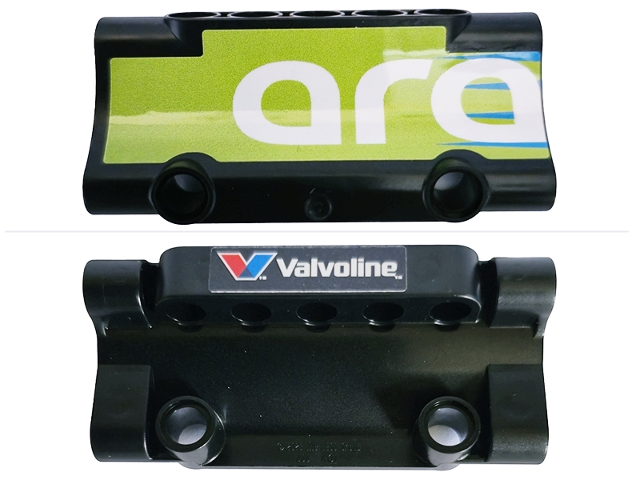 Lego Technic, Panel Inverted 7 x 3 with 2 Pin Holes through Panel Surface with White 'ara' (aramco) on Lime Background on Outside and 'Valvoline' on Inside Pattern Model Right Side (Stickers) - Set 42240 / Black