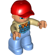 Lego Duplo Figure with Cap Red, with Tan Shirt and Orange Bandana (Scarf) under Blue Coveralls - Medium Blue Legs / Tan
