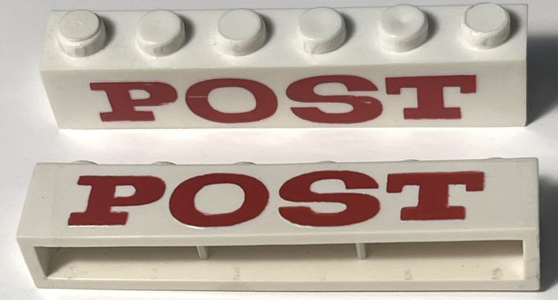 Lego Brick 1 x 6 without Bottom Tubes with Cross Side Supports with Red 'POST' Serif Bold Pattern