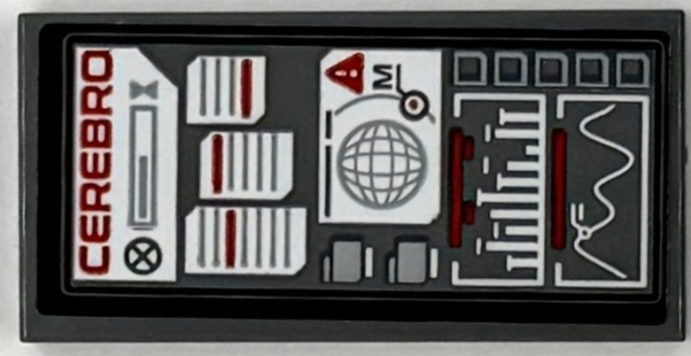 Lego Tile 2 x 4 with Computer Screen with Red 'CEREBRO', White Windows and Graphs Pattern (Sticker) - Set 76294 / Dark Bluish Gray