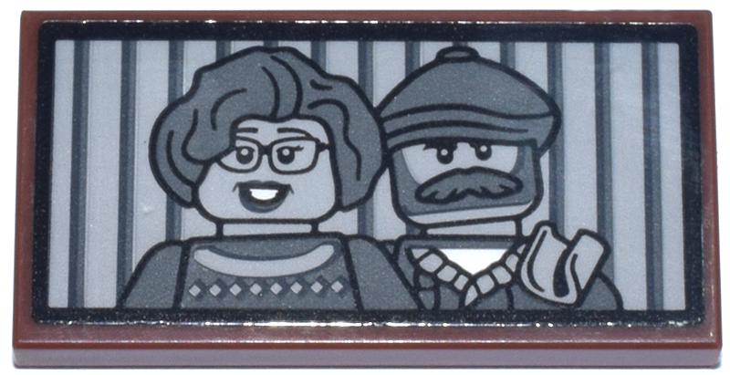 Lego Tile 2 x 4 with Portrait of Antique Shop Shopkeeper Minifigures and Dark Bluish Gray and Light Bluish Gray Stripes Pattern (Sticker) - Set 910050 / Reddish Brown