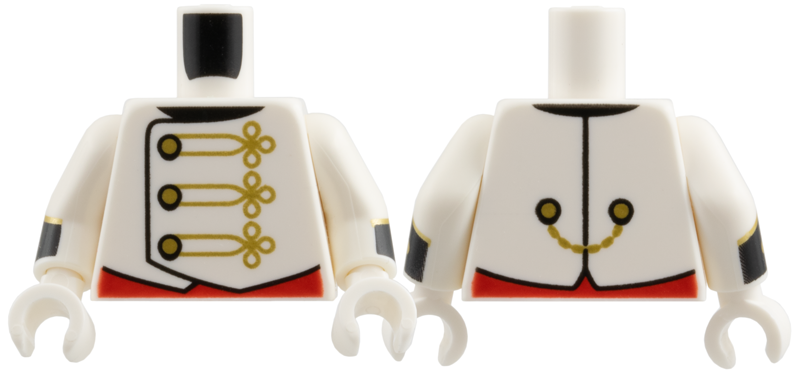 Lego Torso Jacket, Gold Buttons and Piping, Red Cummerbund Pattern / White Arms with Black Cuff, Gold Button and Chevron Pattern, White Hands
