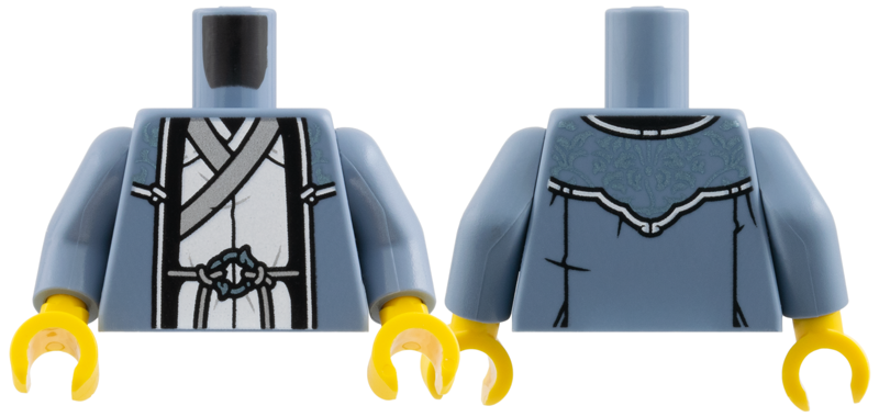 Lego Torso Robe over White Tunic, Silver Lapels and String Belt, Metallic Light Blue Filigree and Belt Ornament Pattern / Sand Blue Arms / Yellow Hands