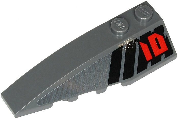 Lego Wedge 6 x 2 Left with Red Number 01 and Black and Silver Stripes Pattern (Sticker) - Set 71713 / Dark Bluish Gray