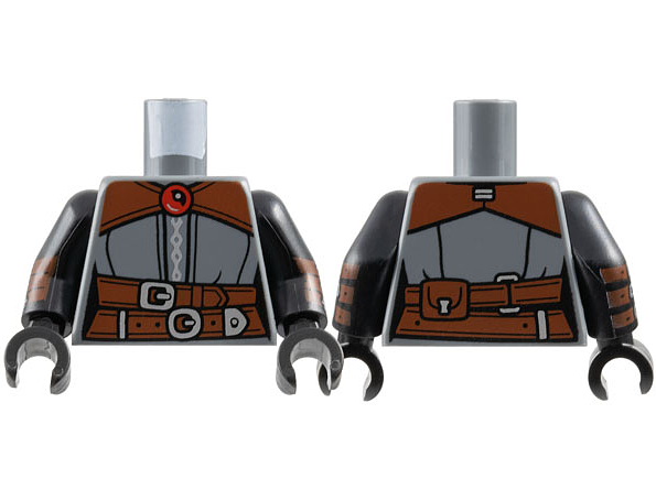 Lego Torso Female Robe, Reddish Brown Shoulders, Belts, Silver Buckles and Trim, Red Jewel Pattern / Black Arms with Belts and Buckles Pattern / Black Hands
