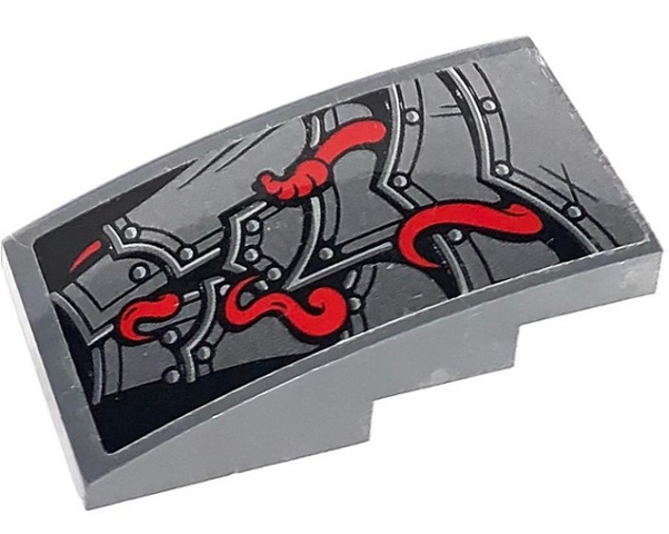 Lego Slope, Curved 4 x 2 with Silver Layered Armor Plates and Red Snake Tails Pattern (Sticker) - Set 70625