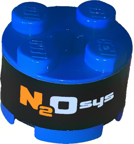 Lego Brick, Round 2 x 2 with Axle Hole with Orange and White 'N2Osys' on Black Background Pattern (Sticker) - Set 8649 / Blue