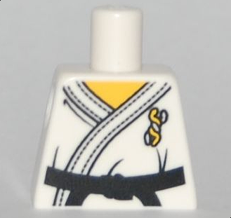 Lego Torso Karate Uniform with Twisted Snakes Logo, Black Belt with Knot, Yellow Neck Pattern / White