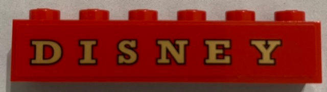 Lego Brick 1 x 6 with Gold 'DISNEY' on Red Background Pattern (Sticker) - Set 71044
