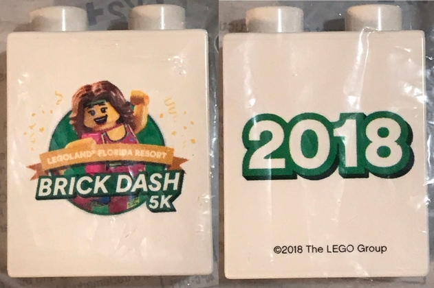 Lego Duplo, Brick 1 x 2 x 2 with LEGOLAND Florida Resort Brick Dash 5K 2018 Pattern / White