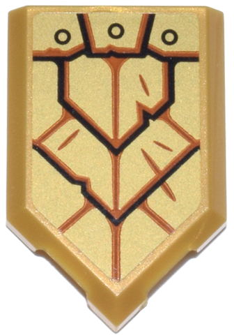 Lego Tile, Modified 2 x 3 Pentagonal with Armor Panels with Black Edges and Rivets and Dark Orange Creases Pattern (Sticker) - Set 71836 / Pearl Gold