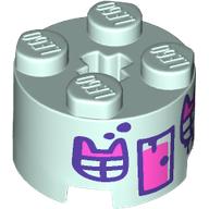 Lego Brick Round 2 x 2 with Dark Pink Door, Windows with Cat Ears Print / Light Aqua
