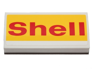 Lego Slope, Curved 2 x 4 x 2/3 with Bottom Tubes with 'Shell' on Yellow Background Pattern (Sticker) - Set 40196 / White