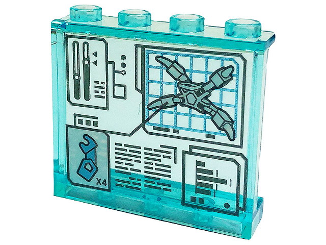 Lego Panel 1 x 4 x 3 with Side Supports - Hollow Studs with Display Screen with 'X4', Writing, Mechanical Arms with Barbs and Bar Chart Pattern (Sticker) - Set 76175 / Trans-Light Blue