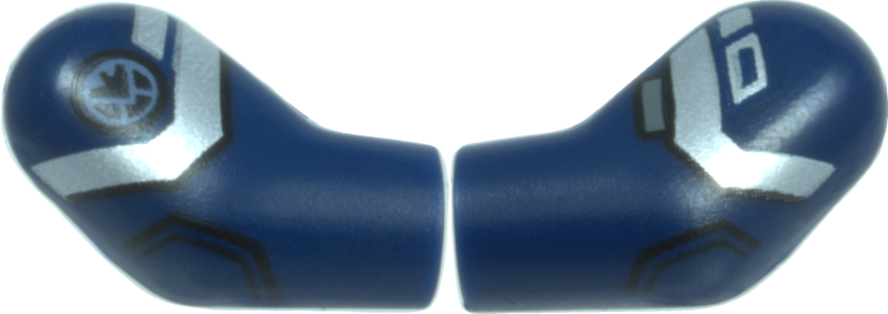 Lego Arm, (Matching Left and Right) Pair with Silver Armor Plates, Dark Bluish Gray Rectangle, Sand Blue SHIELD Logo, and Black Outlines Pattern / Dark Blue
