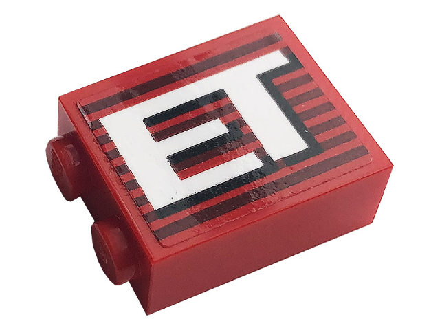 Lego Brick 1 x 2 x 2 with Inside Stud Holder with Gray Stripes and White 'ET' Pattern (Sticker) - Set 10272 / Red