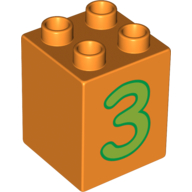 Lego Duplo Brick 2 x 2 x 2 with Number 3 Lime Print / Orange