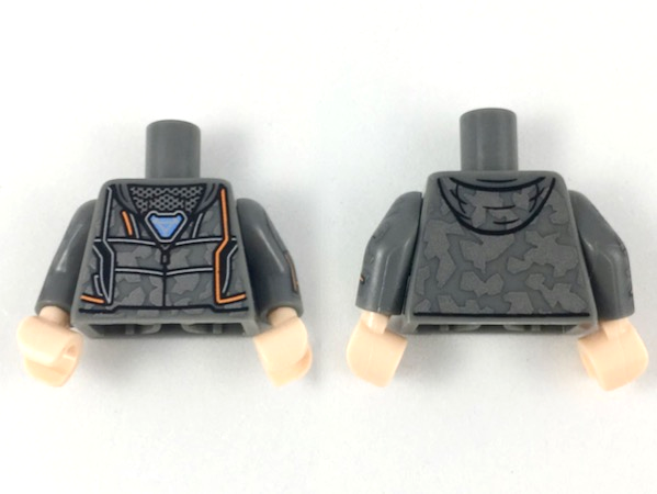 Lego Torso Hoodie with Dark Silver Camouflage and Orange Trim, Triangle Arc Reactor Pattern / Dark Bluish Gray Arms with Dark Silver Camouflage and Orange Trim Pattern / Light Nougat Hands