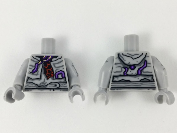 Lego Torso Hoodie Tattered with Dark Bluish Gray Markings over Black and Red Shirt, Dark Purple and Medium Lavender Cracks Pattern / Light Bluish Gray Arms with Dark Bluish Gray Cracks Pattern / Light Bluish Gray Hands