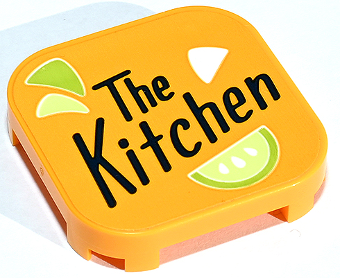 Lego Tile, Modified 4 x 4 with Rounded Corners and 4 Feet with Black 'The Kitchen' and Lime Fruit Slices Pattern (Sticker) - Set 41747